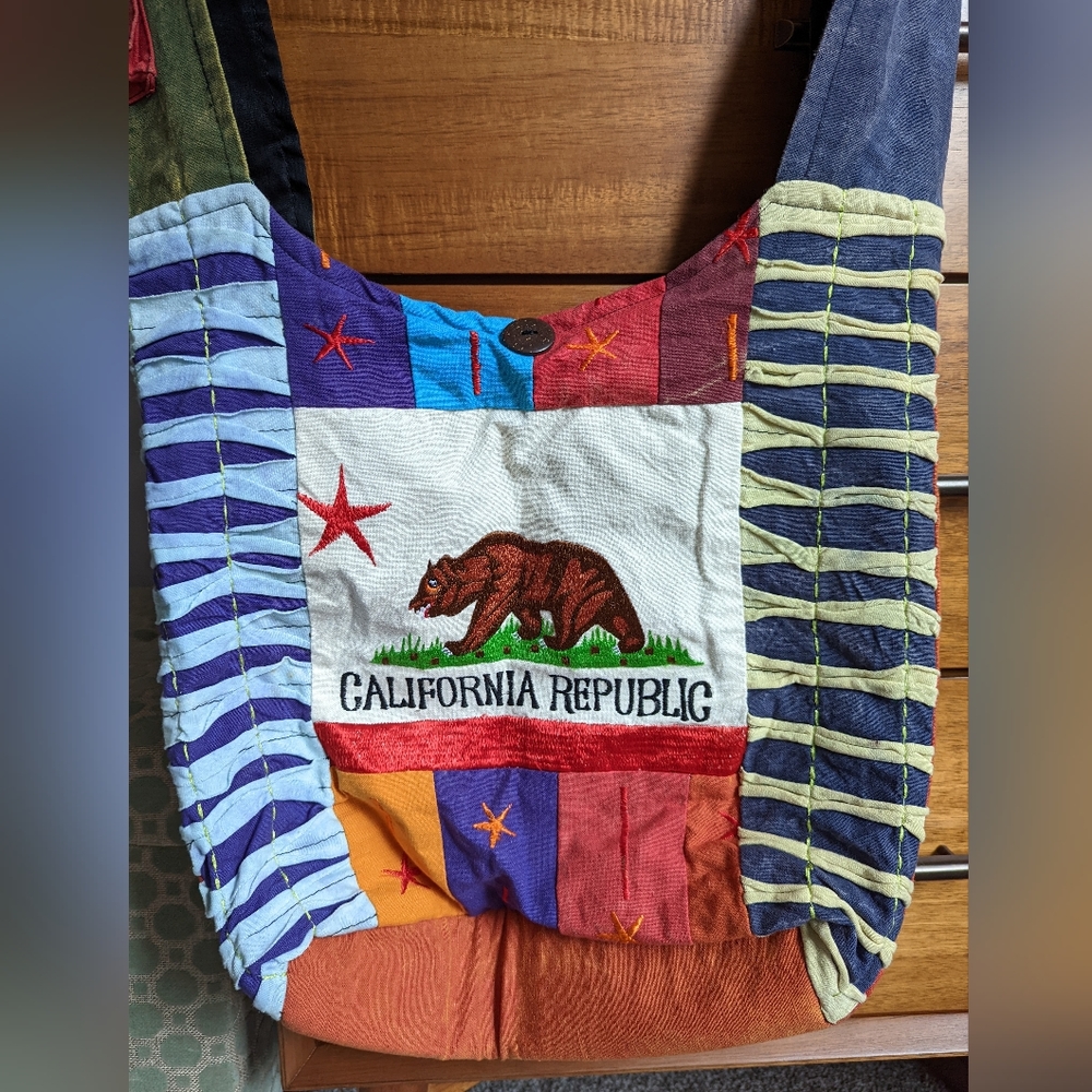 Patchwork embroidered California flag bag